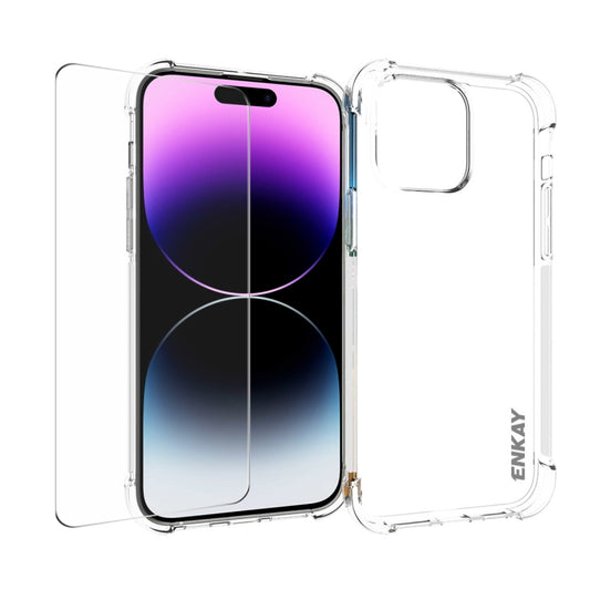 ENKAY Transparent TPU Shockproof Phone Case with Glass Film, For iPhone 15 Pro Max, For iPhone 14 Plus, For iPhone 15 Pro, For iPhone 14, For iPhone 14 Pro, For iPhone 15 Plus, For iPhone 14 Pro Max, For iPhone 15