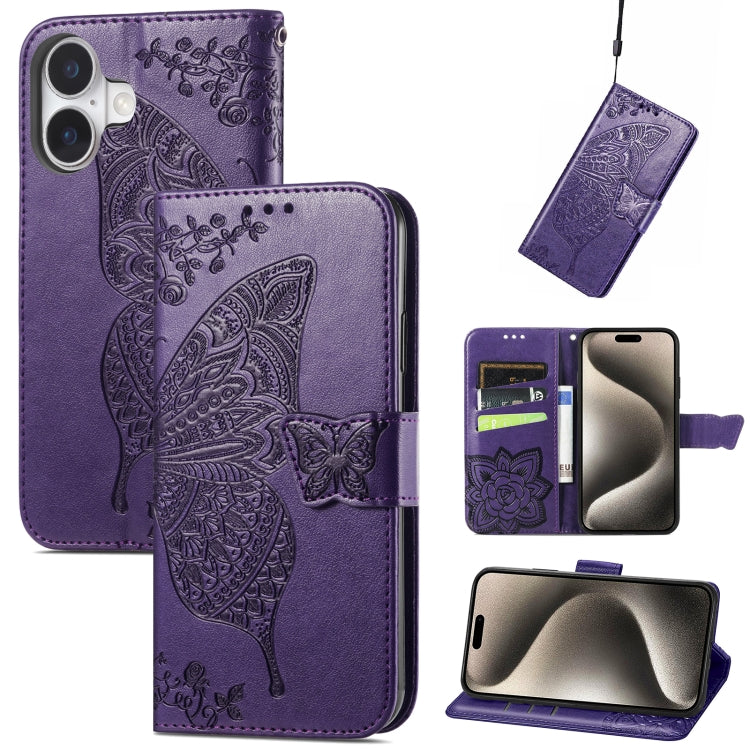 Butterfly Love Flower Embossed Leather Phone Case, For iPhone 16, iPhone 16e