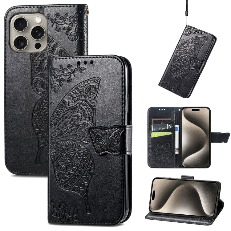 Butterfly Love Flower Embossed Leather Phone Case, For iPhone 16 Pro Max, For iPhone 16 Pro, For iPhone 16 Plus