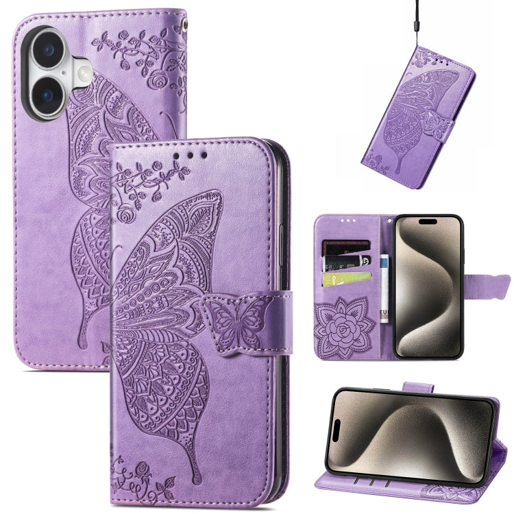 Butterfly Love Flower Embossed Leather Phone Case, For iPhone 16 Pro Max, For iPhone 16 Pro, For iPhone 16 Plus