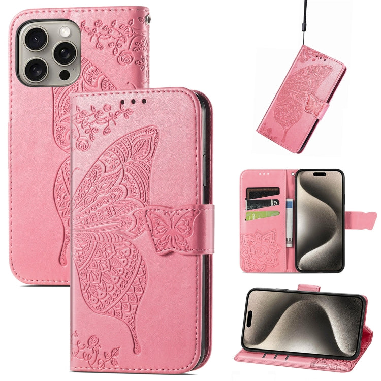 Butterfly Love Flower Embossed Leather Phone Case, For iPhone 16 Pro Max, For iPhone 16 Pro, For iPhone 16 Plus