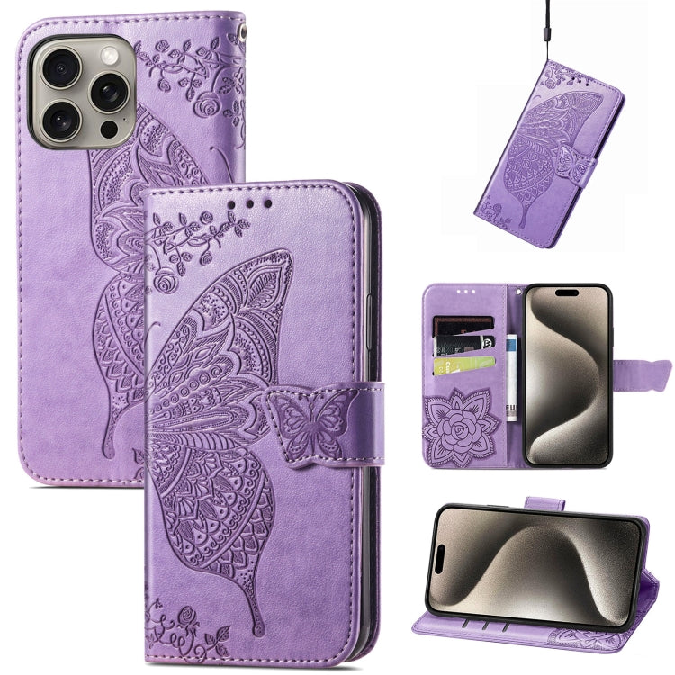 Butterfly Love Flower Embossed Leather Phone Case, For iPhone 16 Pro Max, For iPhone 16 Pro, For iPhone 16 Plus