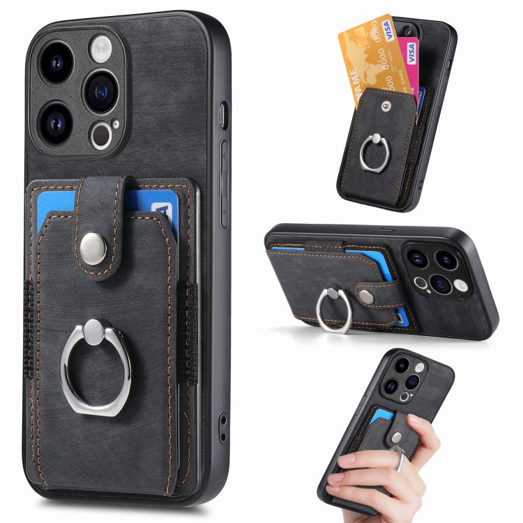 Retro Skin-feel Ring Card Wallet Phone Case, For iPhone 15 Pro Max, For iPhone 15 Pro, For iPhone 15 Plus, For iPhone 15