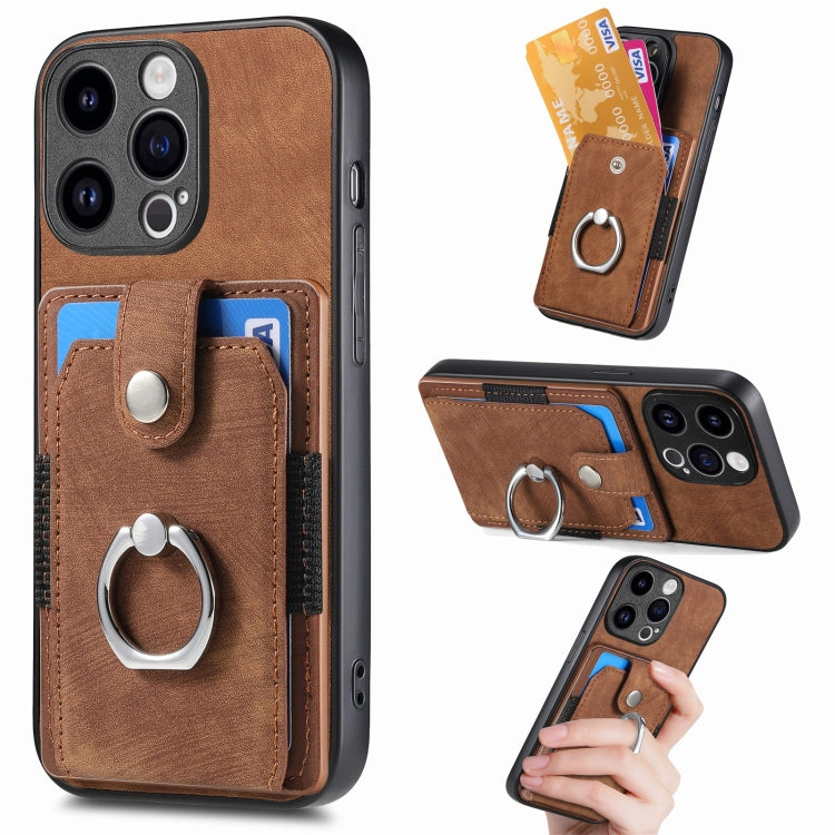 Retro Skin-feel Ring Card Wallet Phone Case, For iPhone 15 Pro Max, For iPhone 15 Pro, For iPhone 15 Plus, For iPhone 15