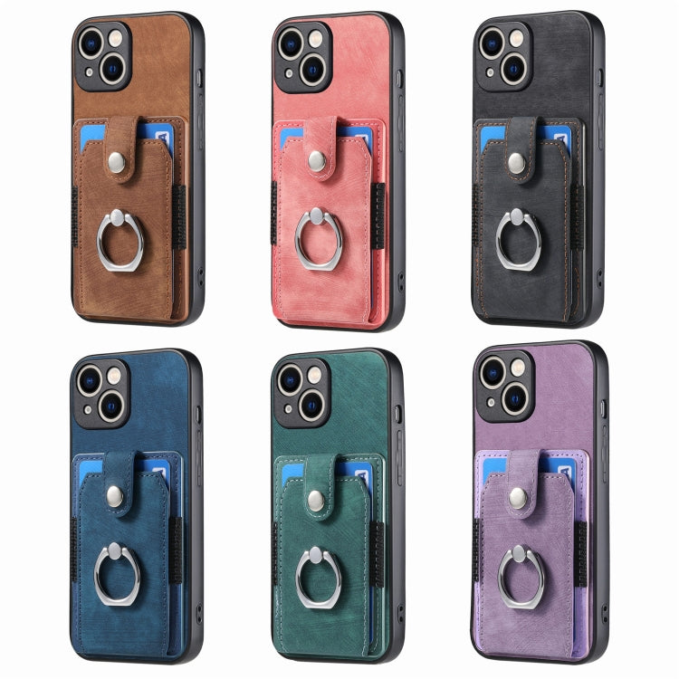 Retro Skin-feel Ring Card Wallet Phone Case, For iPhone 15 Pro Max, For iPhone 15 Pro, For iPhone 15 Plus, For iPhone 15