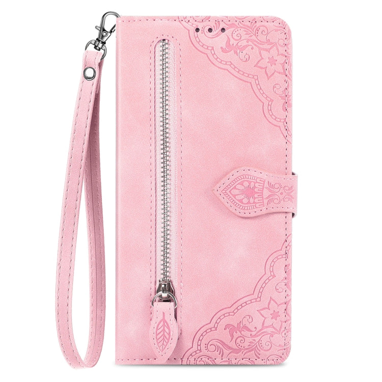 Embossed Flower Zipper Leather Phone Case, For iPhone 16
