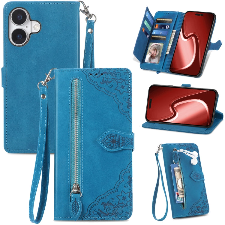 Embossed Flower Zipper Leather Phone Case, For iPhone 16