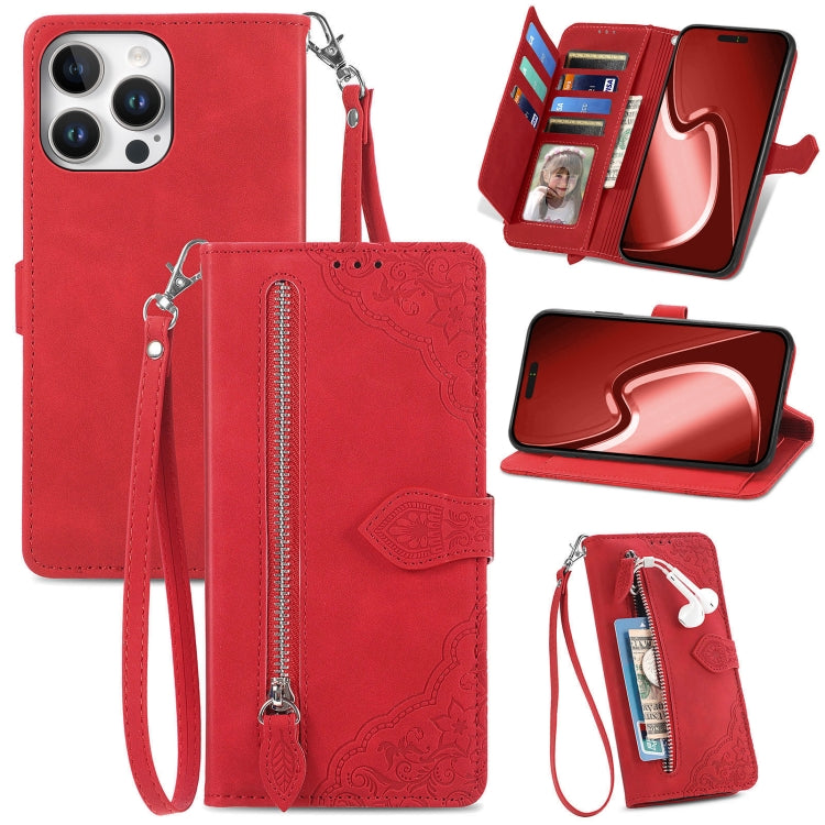 Embossed Flower Zipper Leather Phone Case, For iPhone 16e, For iPhone 16 Pro Max, For iPhone 16 Pro, For iPhone 16 Plus