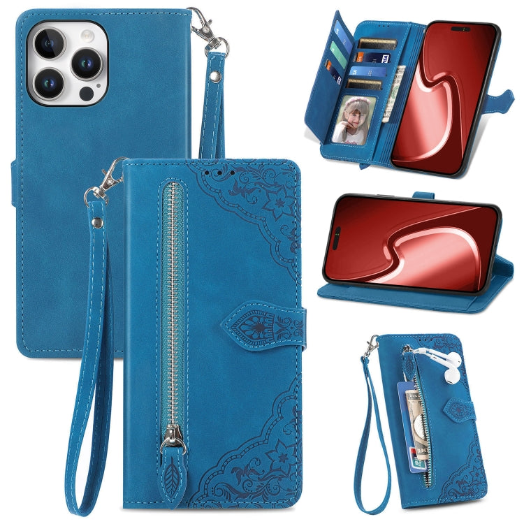 Embossed Flower Zipper Leather Phone Case, For iPhone 16e, For iPhone 16 Pro Max, For iPhone 16 Pro, For iPhone 16 Plus