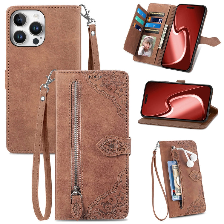 Embossed Flower Zipper Leather Phone Case, For iPhone 16e, For iPhone 16 Pro Max, For iPhone 16 Pro, For iPhone 16 Plus