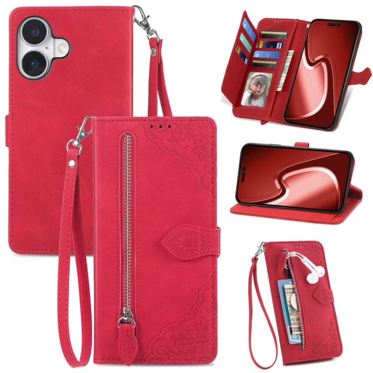 Embossed Flower Zipper Leather Phone Case, For iPhone 16e, For iPhone 16 Pro Max, For iPhone 16 Pro, For iPhone 16 Plus