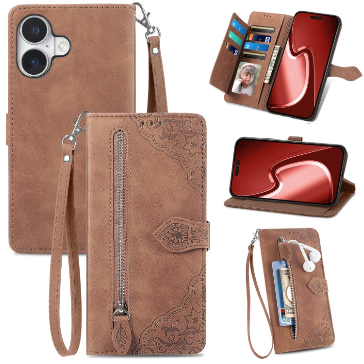 Embossed Flower Zipper Leather Phone Case, For iPhone 16e, For iPhone 16 Pro Max, For iPhone 16 Pro, For iPhone 16 Plus