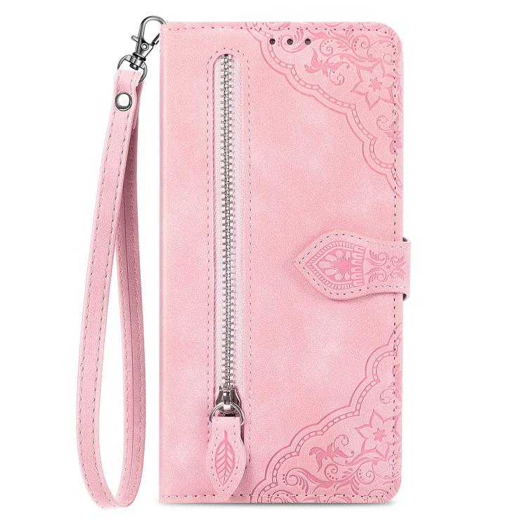 Embossed Flower Zipper Leather Phone Case, For iPhone 16e, For iPhone 16 Pro Max, For iPhone 16 Pro, For iPhone 16 Plus