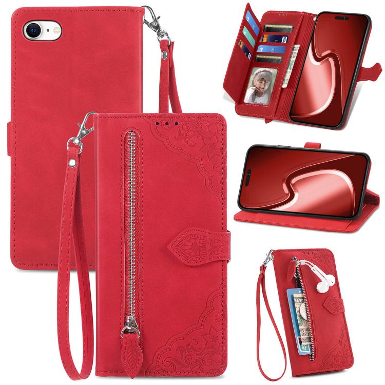 Embossed Flower Zipper Leather Phone Case, For iPhone 16e, For iPhone 16 Pro Max, For iPhone 16 Pro, For iPhone 16 Plus
