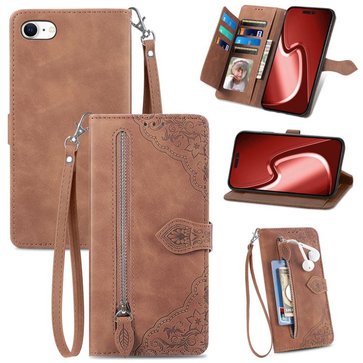 Embossed Flower Zipper Leather Phone Case, For iPhone 16e, For iPhone 16 Pro Max, For iPhone 16 Pro, For iPhone 16 Plus