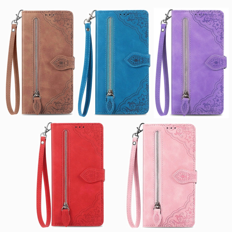 Embossed Flower Zipper Leather Phone Case, For iPhone 16e, For iPhone 16 Pro Max, For iPhone 16 Pro, For iPhone 16 Plus