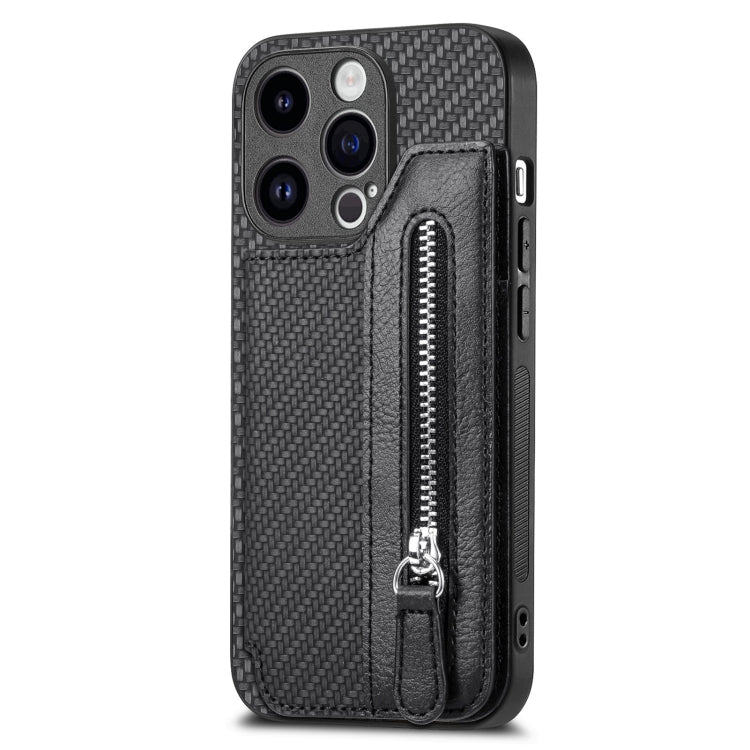 Carbon Fiber Horizontal Flip Zipper Wallet Phone Case, For iPhone 15