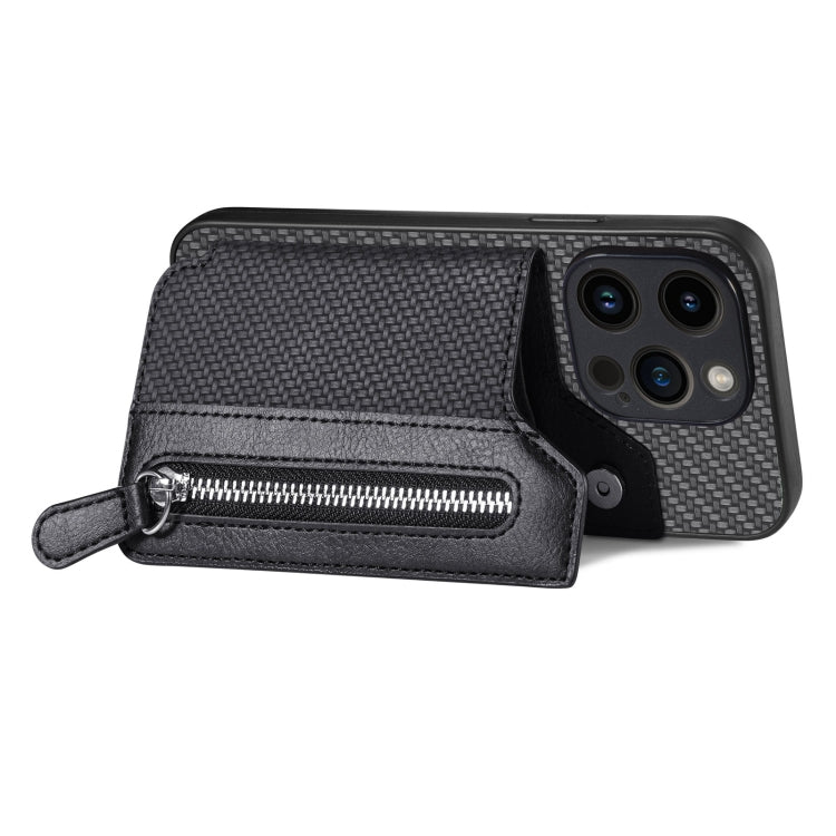 Carbon Fiber Horizontal Flip Zipper Wallet Phone Case, For iPhone 15