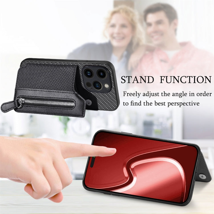 Carbon Fiber Horizontal Flip Zipper Wallet Phone Case, For iPhone 15