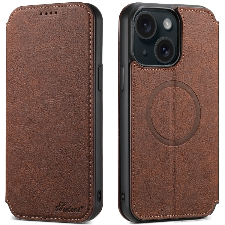 Suteni J06 Retro Matte Litchi Texture Leather MagSafe Phone Case, For iPhone 15 Pro Max, For iPhone 15 Pro, For iPhone 15 Plus, For iPhone 15