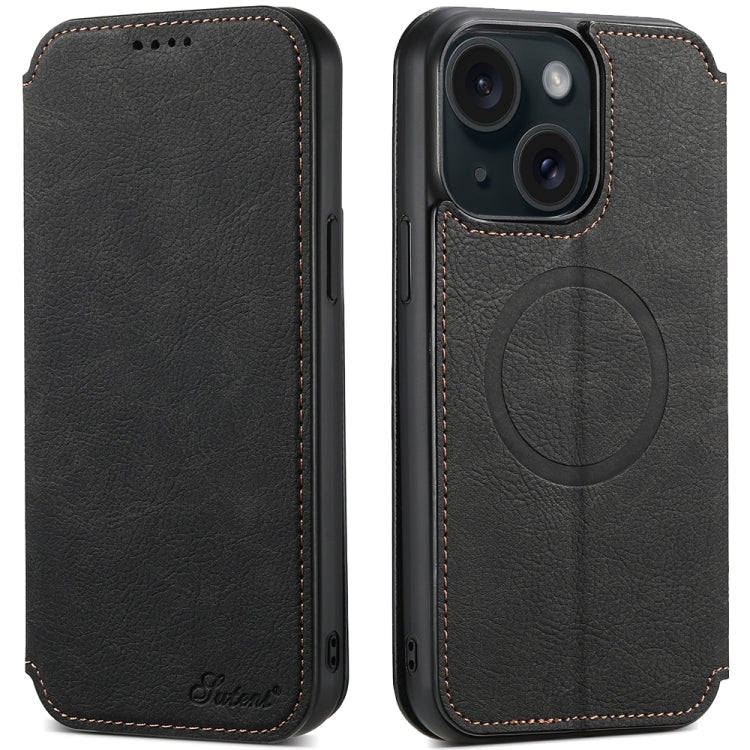 Suteni J06 Retro Matte Litchi Texture Leather MagSafe Phone Case, For iPhone 15 Pro Max, For iPhone 15 Pro, For iPhone 15 Plus, For iPhone 15