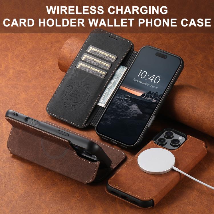 Suteni J06 Retro Matte Litchi Texture Leather MagSafe Phone Case, For iPhone 15 Pro Max, For iPhone 15 Pro, For iPhone 15 Plus, For iPhone 15