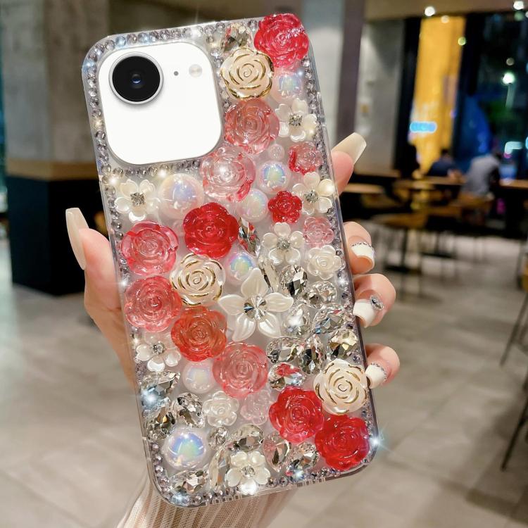 Rose Hand-set Pearl Diamond PC Phone Case, For iPhone 16e, For iPhone 16 Pro Max, For iPhone 16 Pro, For iPhone 16 Plus, For iPhone 16, For iPhone 15 Pro Max