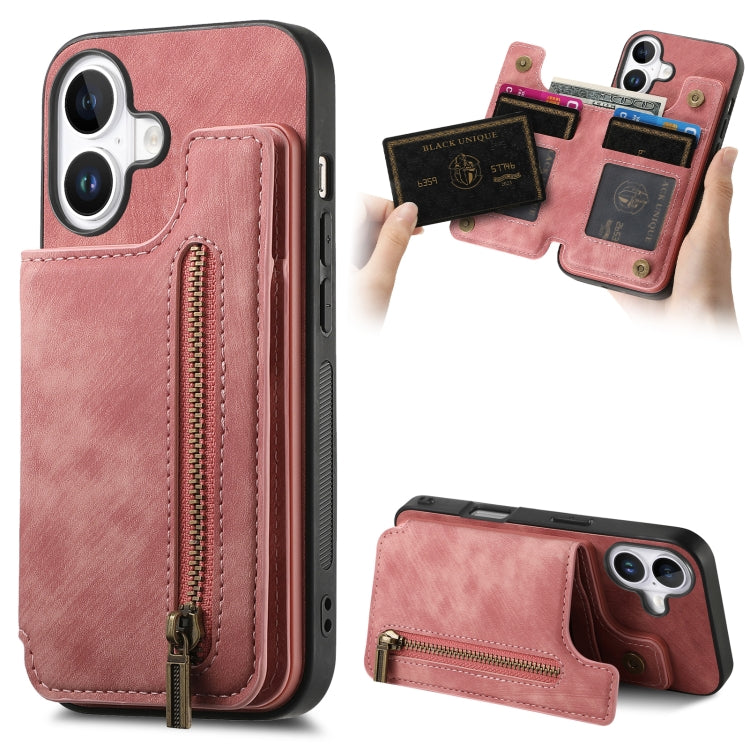 Retro Leather Zipper Wallet Back Phone Case, For iPhone 16 Pro Max, For iPhone 16 Pro, For iPhone 16 Plus, For iPhone 16