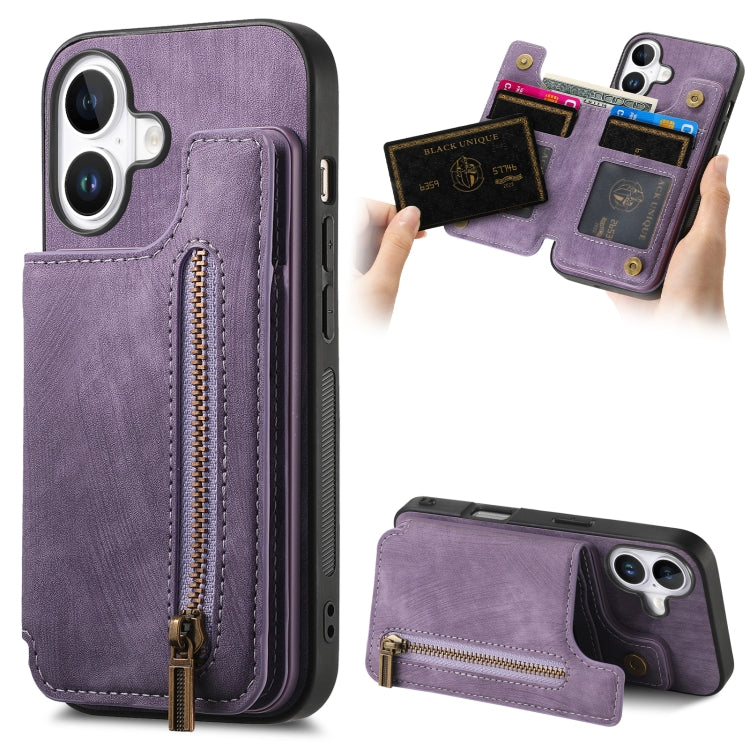 Retro Leather Zipper Wallet Back Phone Case, For iPhone 16 Pro Max, For iPhone 16 Pro, For iPhone 16 Plus, For iPhone 16