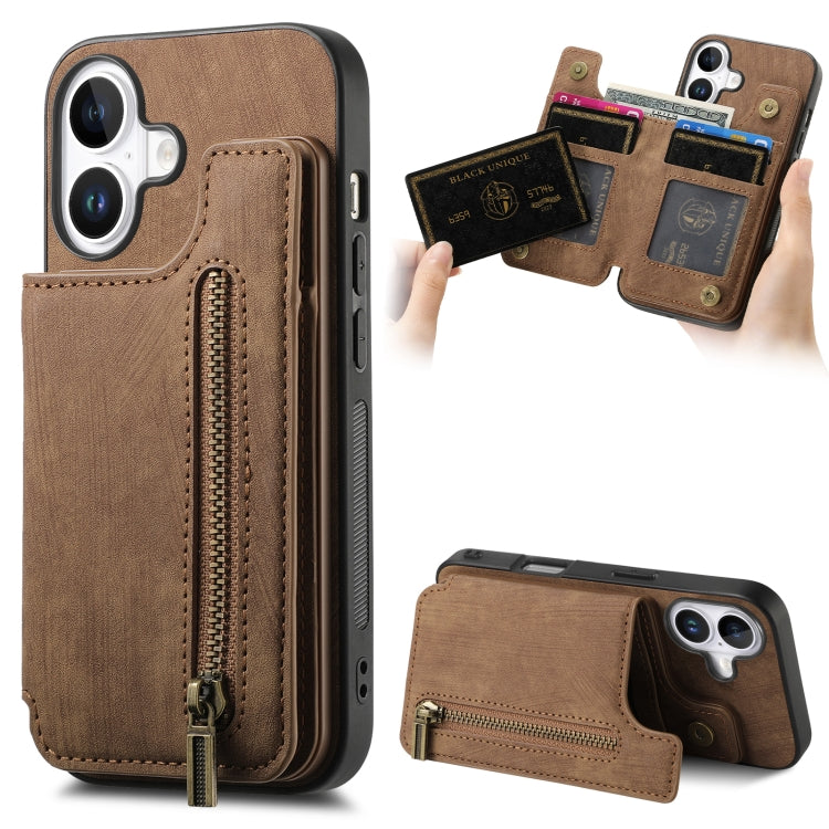 Retro Leather Zipper Wallet Back Phone Case, For iPhone 16 Pro Max, For iPhone 16 Pro, For iPhone 16 Plus, For iPhone 16