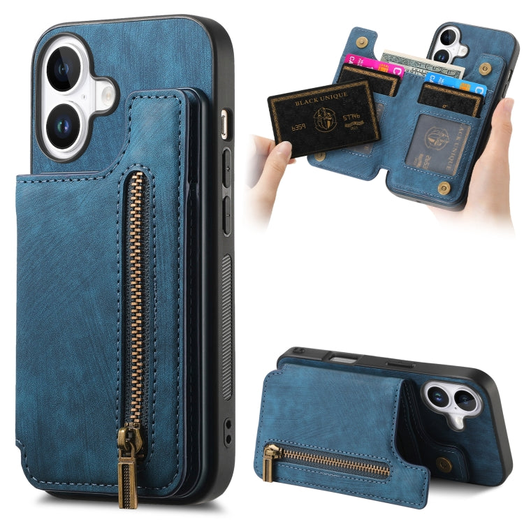 Retro Leather Zipper Wallet Back Phone Case, For iPhone 16 Pro Max, For iPhone 16 Pro, For iPhone 16 Plus, For iPhone 16