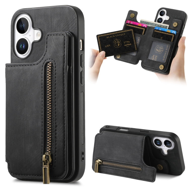 Retro Leather Zipper Wallet Back Phone Case, For iPhone 16 Pro Max, For iPhone 16 Pro, For iPhone 16 Plus, For iPhone 16