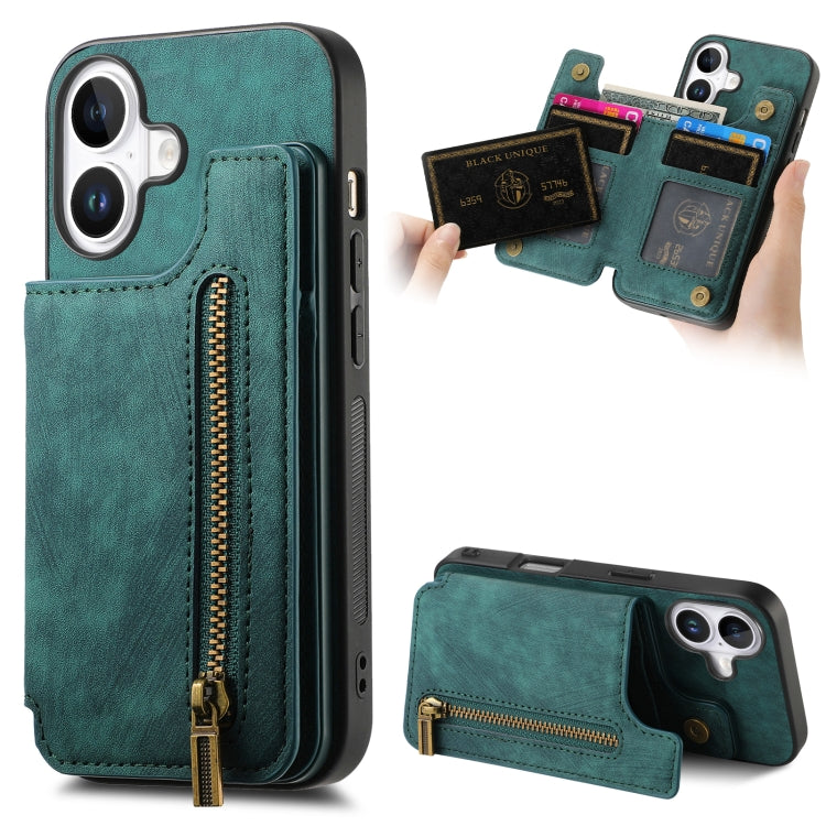 Retro Leather Zipper Wallet Back Phone Case, For iPhone 16 Pro Max, For iPhone 16 Pro, For iPhone 16 Plus, For iPhone 16