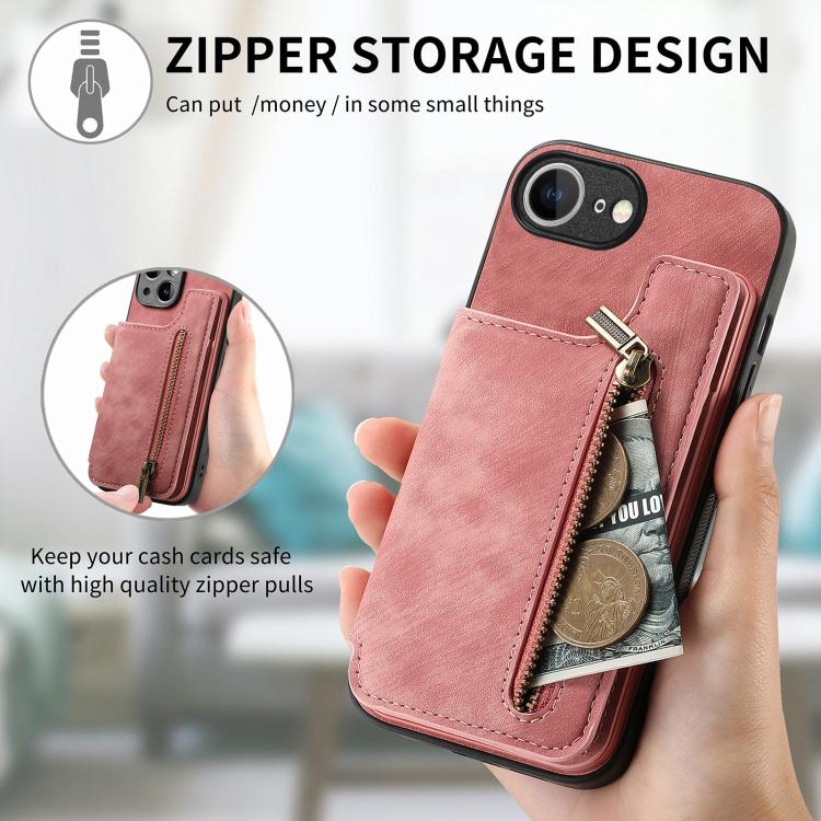 Retro Leather Zipper Wallet Back Phone Case, iPhone 16e, For iPhone 14 Plus, For iPhone 14, For iPhone 14 Pro