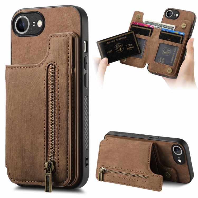 Retro Leather Zipper Wallet Back Phone Case, iPhone 16e, For iPhone 14 Plus, For iPhone 14, For iPhone 14 Pro