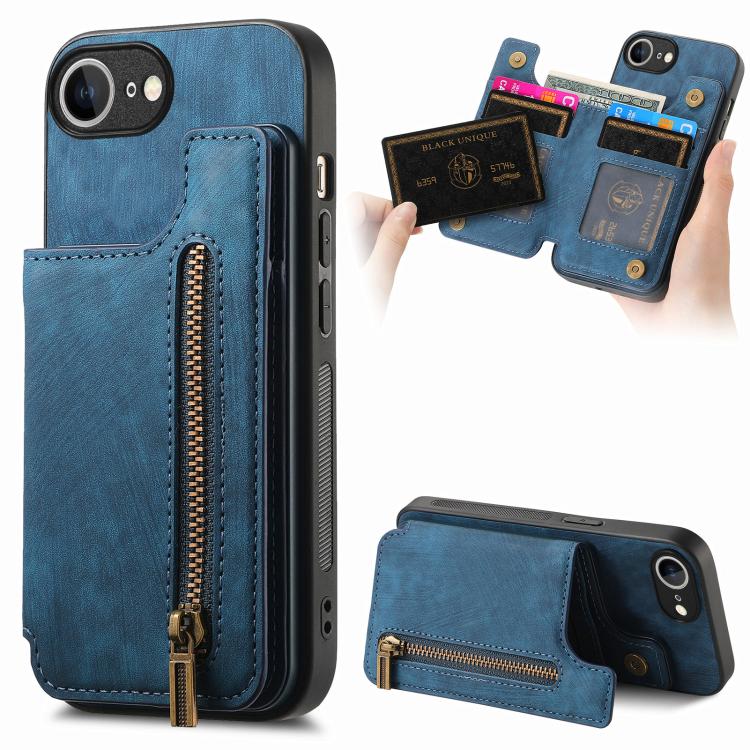 Retro Leather Zipper Wallet Back Phone Case, iPhone 16e, For iPhone 14 Plus, For iPhone 14, For iPhone 14 Pro