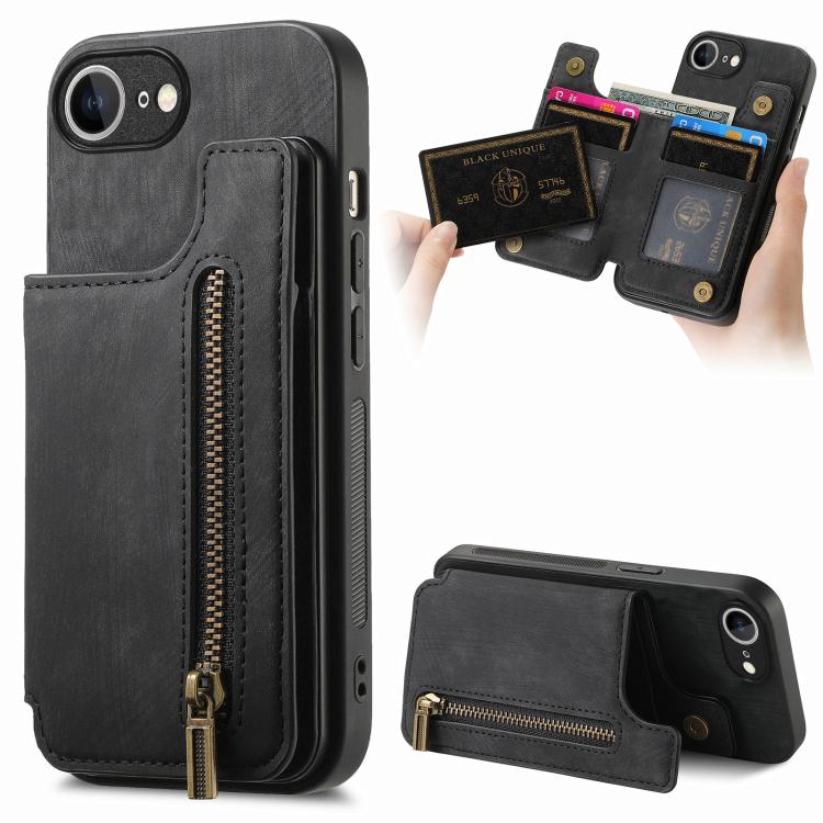 Retro Leather Zipper Wallet Back Phone Case, iPhone 16e, For iPhone 14 Plus, For iPhone 14, For iPhone 14 Pro