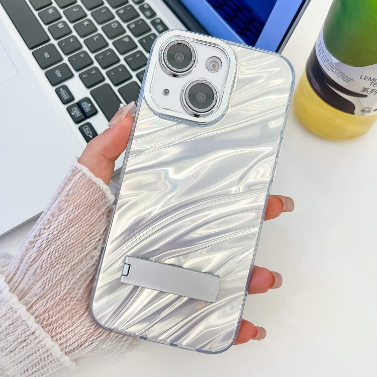 Plating Glitter Texture Fold Holder TPU Phone Case with Lens Film, For iPhone 15