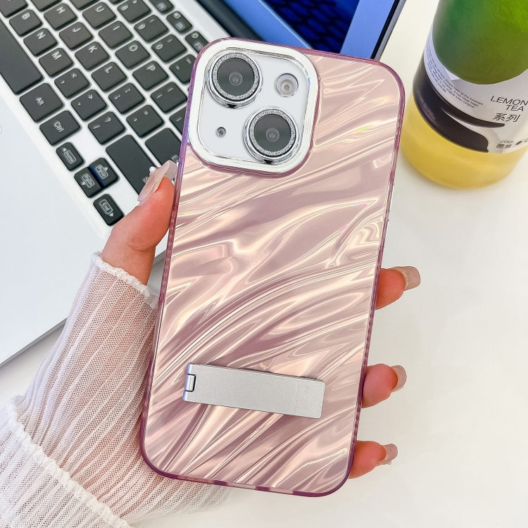Plating Glitter Texture Fold Holder TPU Phone Case with Lens Film, For iPhone 15