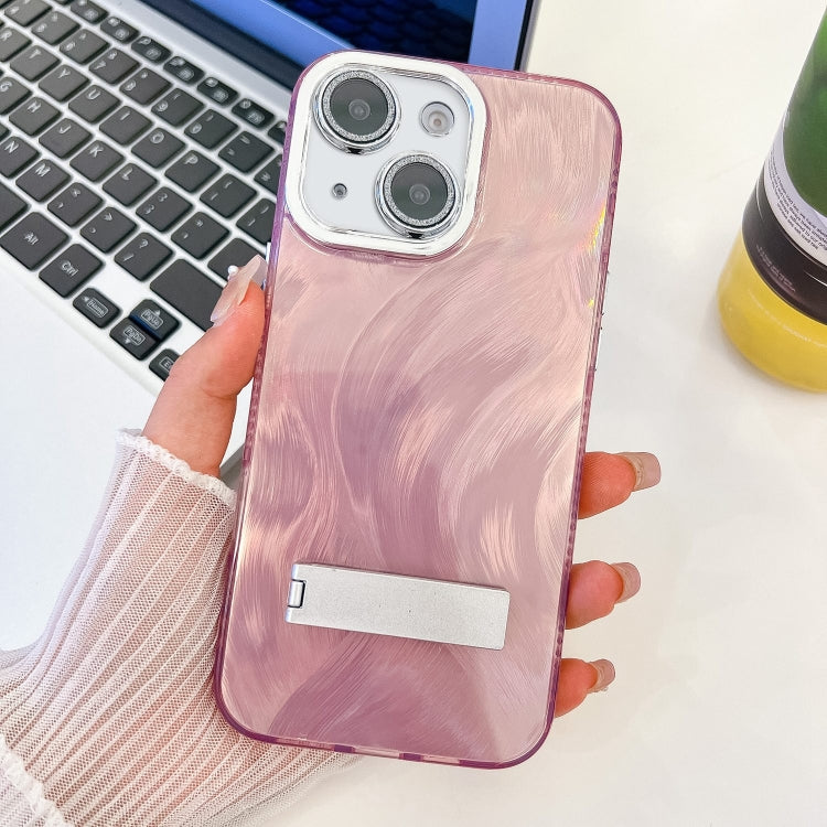 Plating Glitter Texture Fold Holder TPU Phone Case with Lens Film, For iPhone 15