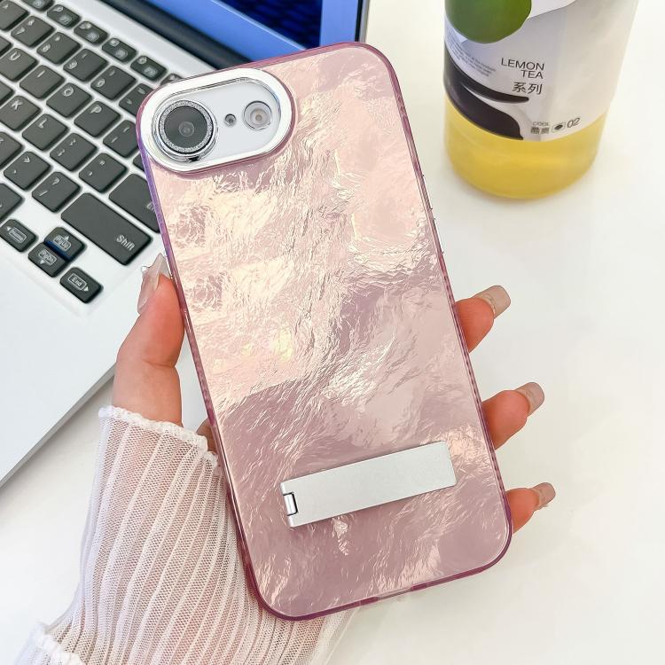 Plating Glitter Texture Fold Holder TPU Phone Case with Lens Film, For iPhone 16e