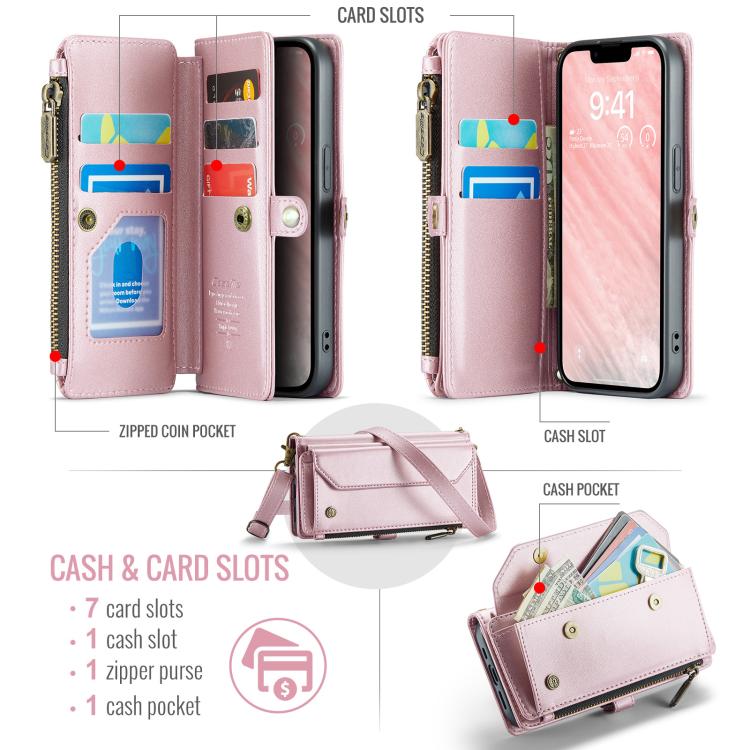 CaseMe C36 Card Slots Zipper Wallet RFID Anti-theft Leather Phone Case, For iPhone 16e, For iPhone 16 Pro Max, For iPhone 16 Pro, For iPhone 16 Plus