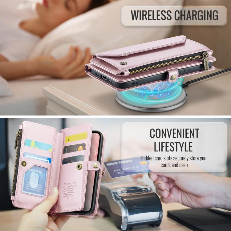 CaseMe C36 Card Slots Zipper Wallet RFID Anti-theft Leather Phone Case, For iPhone 16e, For iPhone 16 Pro Max, For iPhone 16 Pro, For iPhone 16 Plus