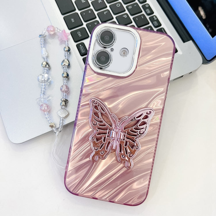 Plating Glitter Lens Film Texture Butterfly Holder Wristband Phone Case, For iPhone 16