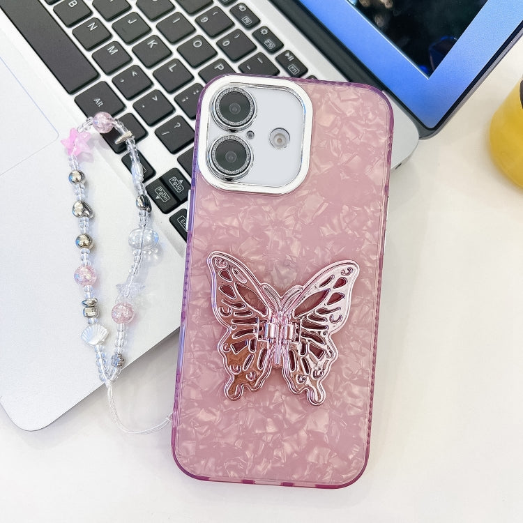 Plating Glitter Lens Film Texture Butterfly Holder Wristband Phone Case, For iPhone 16