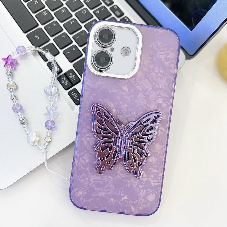 Plating Glitter Lens Film Texture Butterfly Holder Wristband Phone Case, For iPhone 16