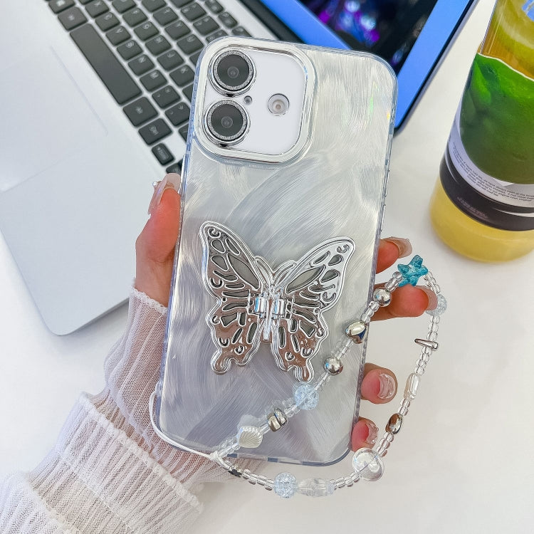 Plating Glitter Lens Film Texture Butterfly Holder Wristband Phone Case, For iPhone 16