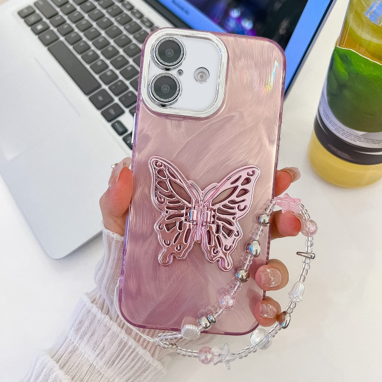 Plating Glitter Lens Film Texture Butterfly Holder Wristband Phone Case, For iPhone 16