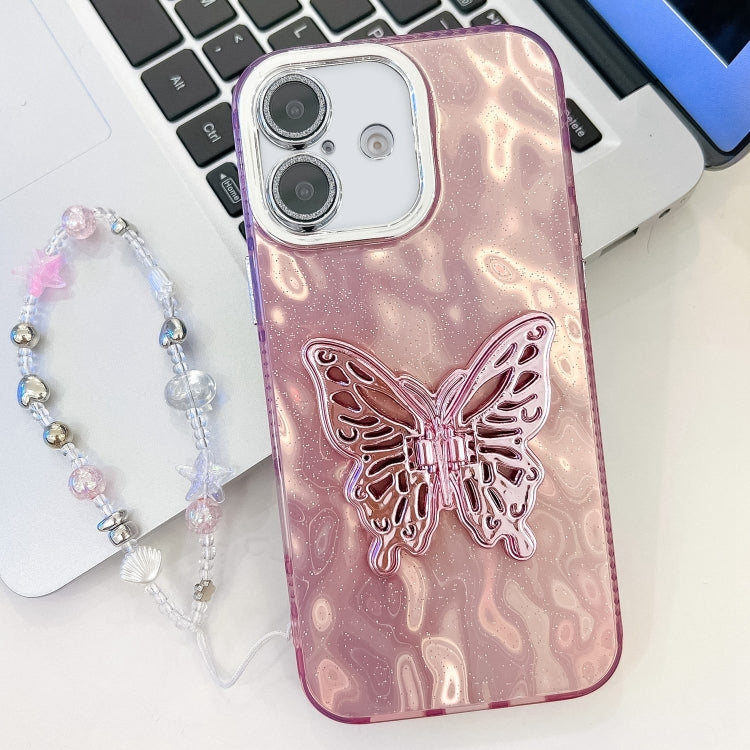 Plating Glitter Lens Film Texture Butterfly Holder Wristband Phone Case, For iPhone 16
