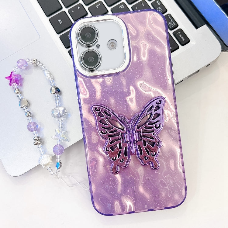 Plating Glitter Lens Film Texture Butterfly Holder Wristband Phone Case, For iPhone 16